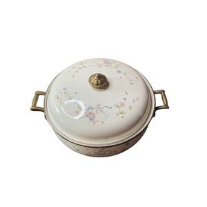 Vintage Enamelware Geese Floral Casserole Dish with Lid Brass Handles Cream